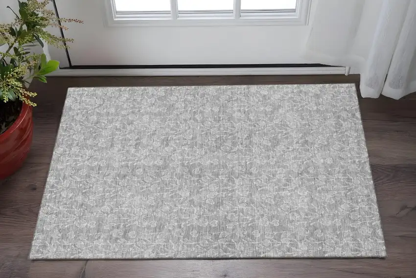 Silver And Ivory Floral Washable Area Rug With UV Protection Photo 2