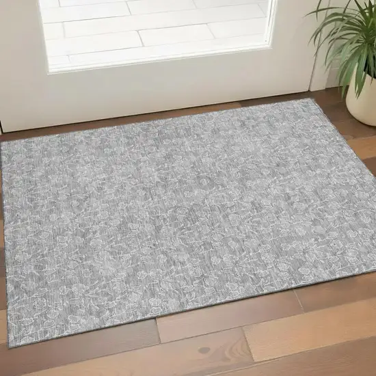 Silver And Ivory Floral Washable Area Rug With UV Protection Photo 1