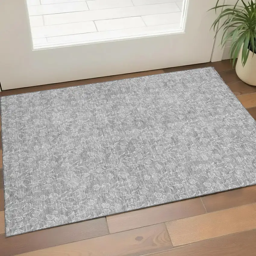 Silver And Ivory Floral Washable Area Rug With UV Protection Photo 1