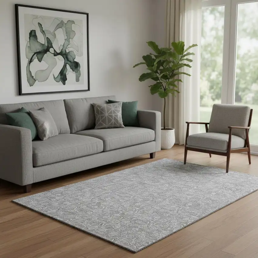 Silver And Ivory Floral Washable Area Rug With UV Protection Photo 1