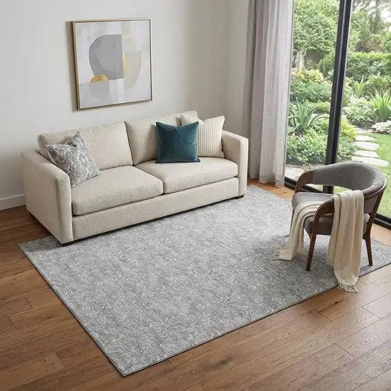 Silver And Ivory Floral Washable Area Rug With UV Protection Photo 1