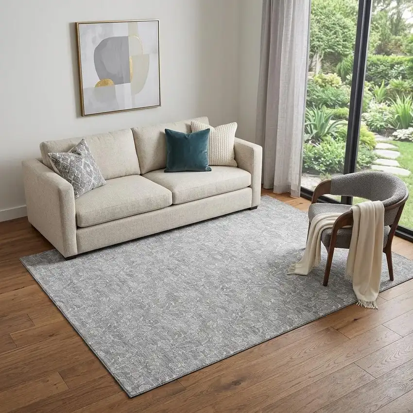 Silver And Ivory Floral Washable Area Rug With UV Protection Photo 1