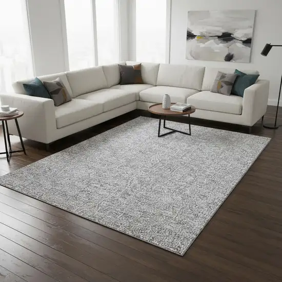 Silver And Ivory Floral Washable Area Rug With UV Protection Photo 1