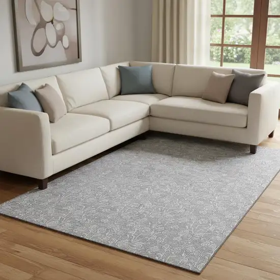 Silver And Ivory Floral Washable Area Rug With UV Protection Photo 1