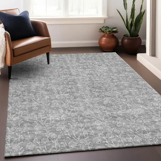 Silver And Ivory Floral Washable Area Rug With UV Protection Photo 4