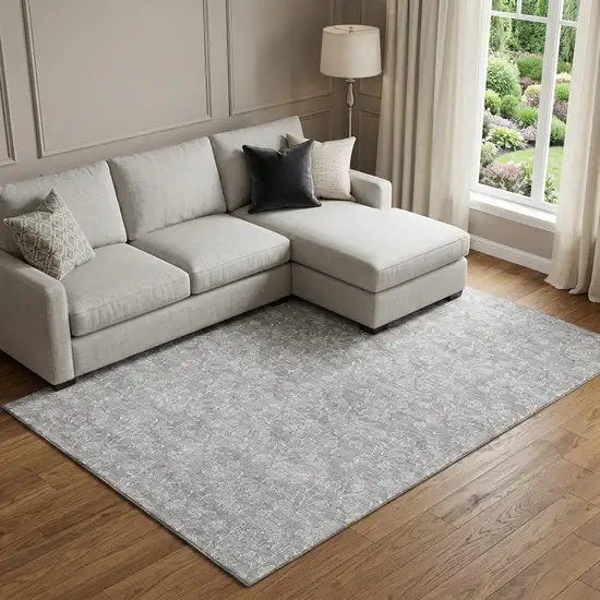 Silver And Ivory Floral Washable Area Rug With UV Protection Photo 1