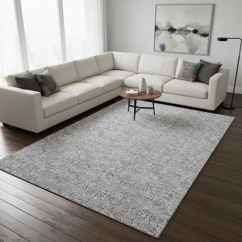 Silver And Ivory Floral Washable Area Rug With UV Protection Photo 1