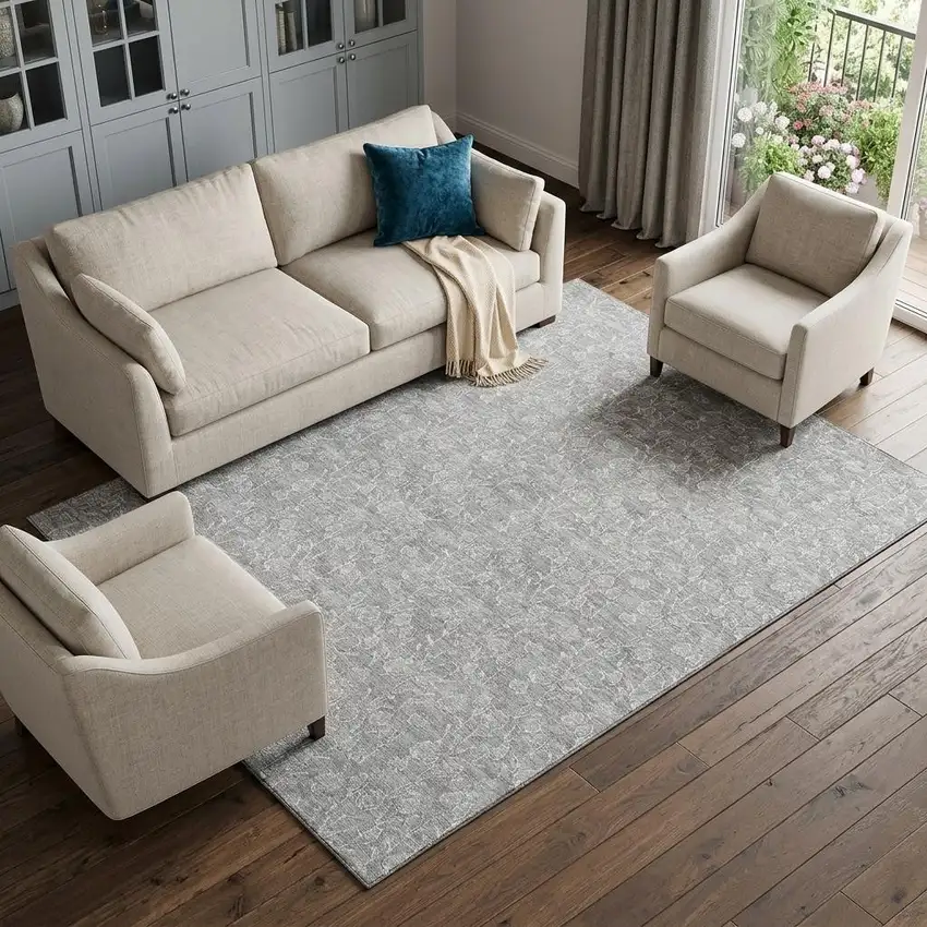 Silver And Ivory Floral Washable Area Rug With UV Protection Photo 1