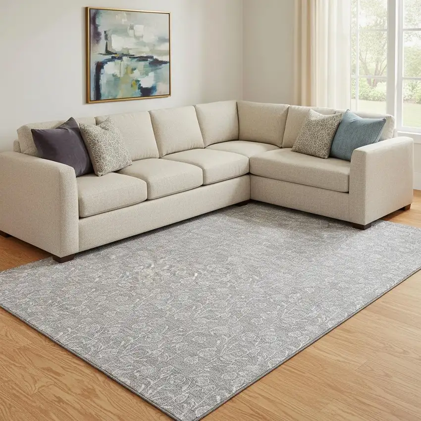 Silver And Ivory Floral Washable Area Rug With UV Protection Photo 1