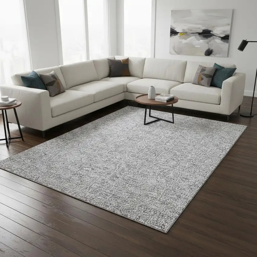 Silver And Ivory Floral Washable Area Rug With UV Protection Photo 1