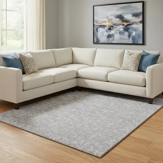 Silver And Ivory Floral Washable Area Rug With UV Protection Photo 1