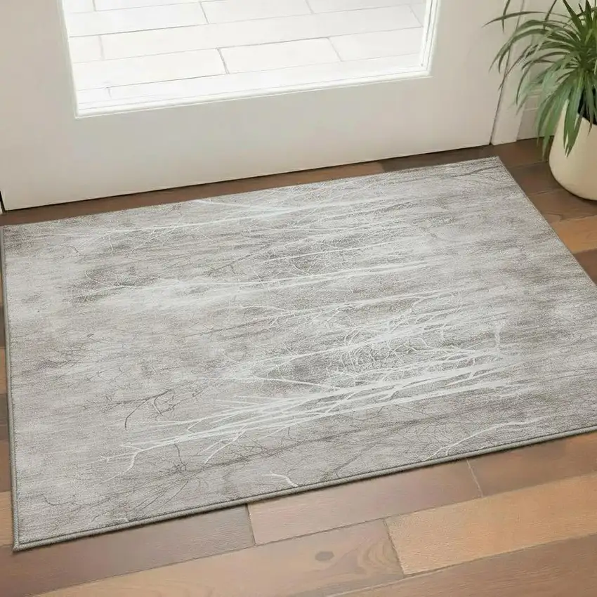 Silver And Ivory Floral Washable Area Rug With UV Protection Photo 2
