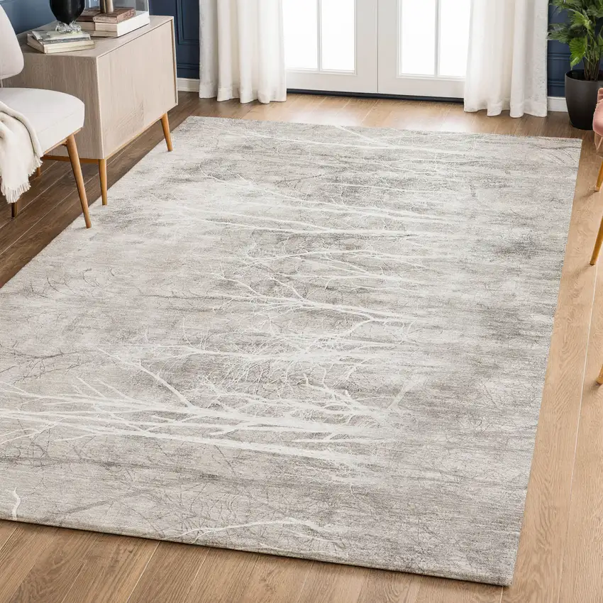 Silver And Ivory Floral Washable Area Rug With UV Protection Photo 6