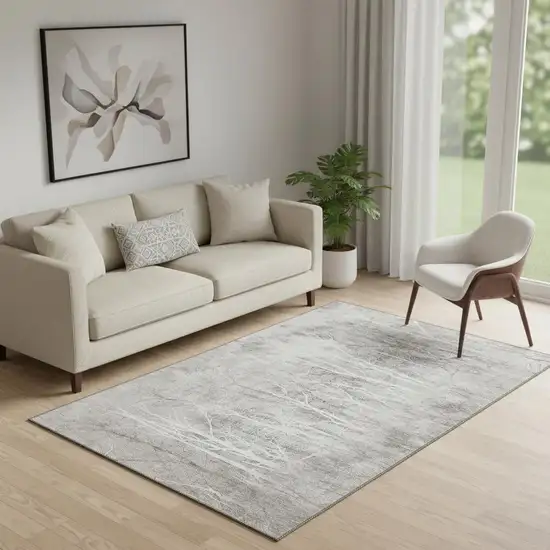 Silver And Ivory Floral Washable Area Rug With UV Protection Photo 2