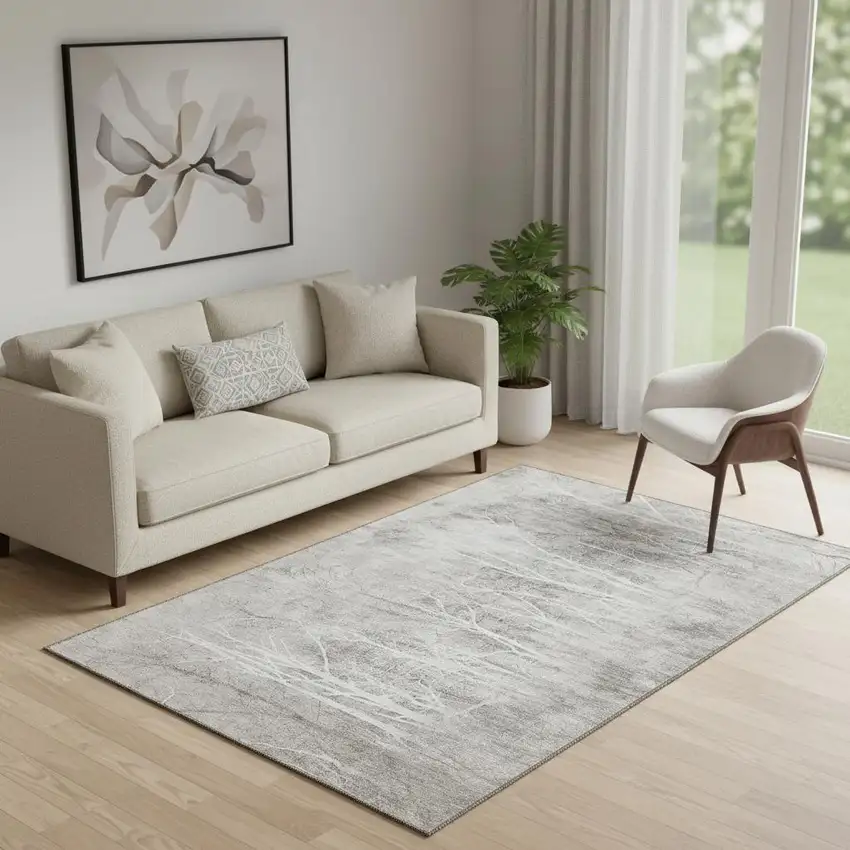 Silver And Ivory Floral Washable Area Rug With UV Protection Photo 2