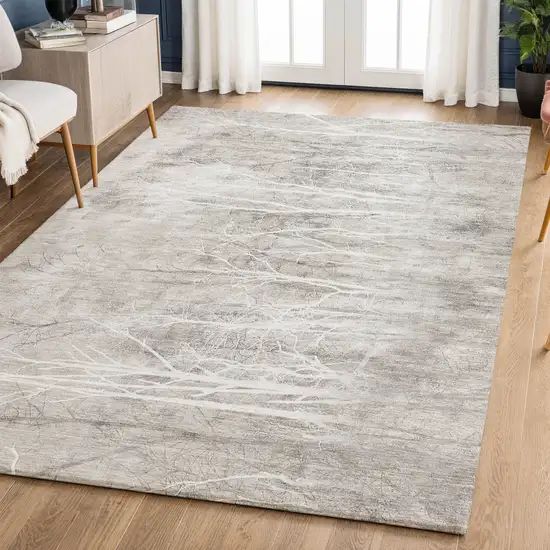 Silver And Ivory Floral Washable Area Rug With UV Protection Photo 6