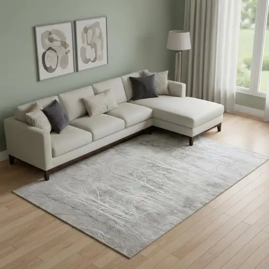 Silver And Ivory Floral Washable Area Rug With UV Protection Photo 2