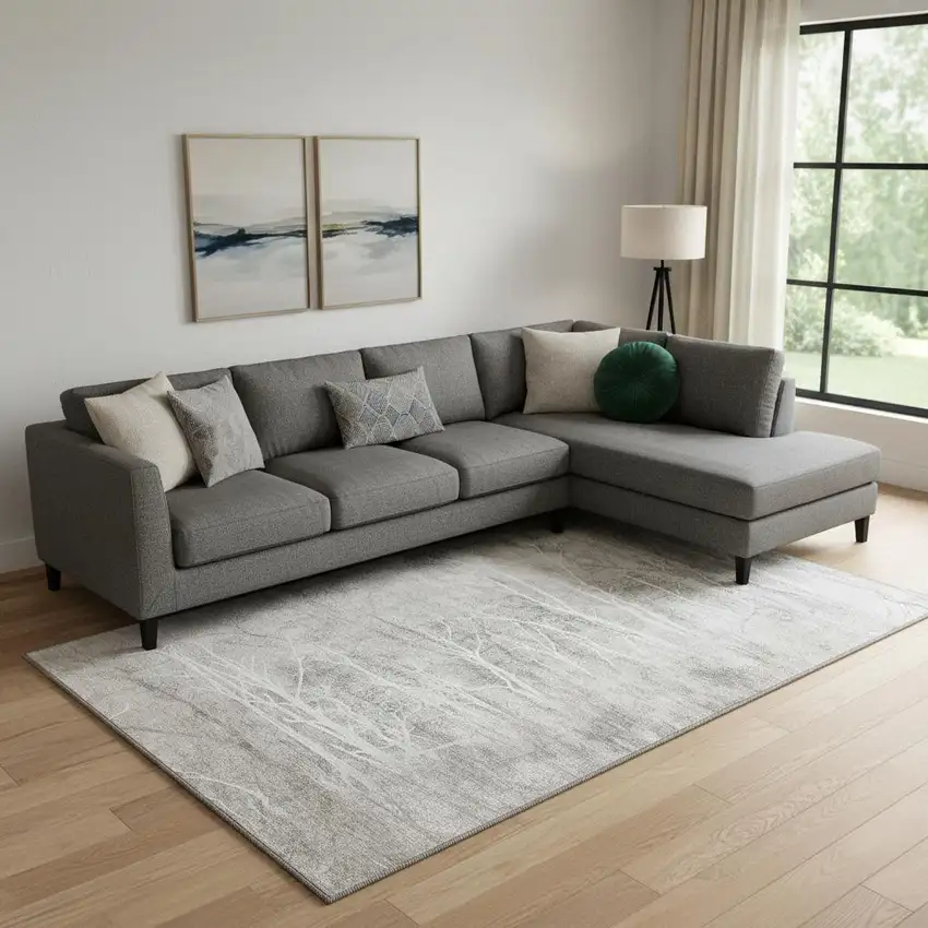 Silver And Ivory Floral Washable Area Rug With UV Protection Photo 2