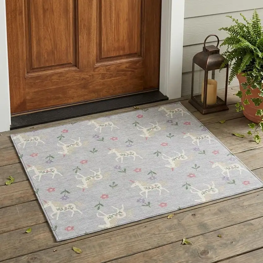 Silver And Ivory Floral Washable Indoor Outdoor Area Rug Photo 1