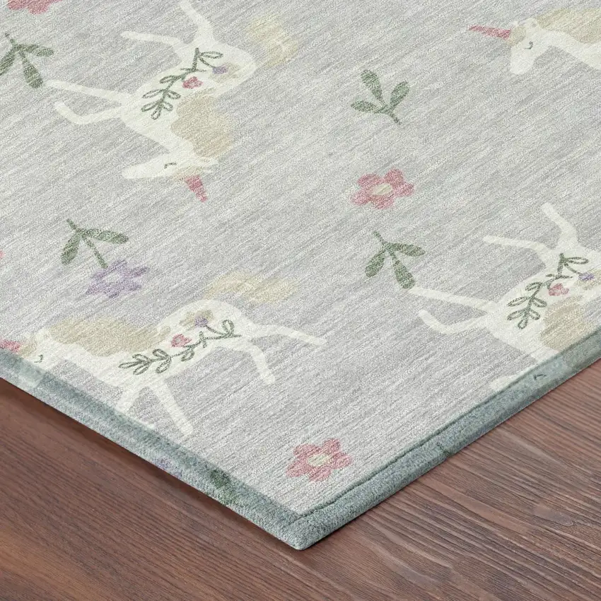 Silver And Ivory Floral Washable Indoor Outdoor Area Rug Photo 7