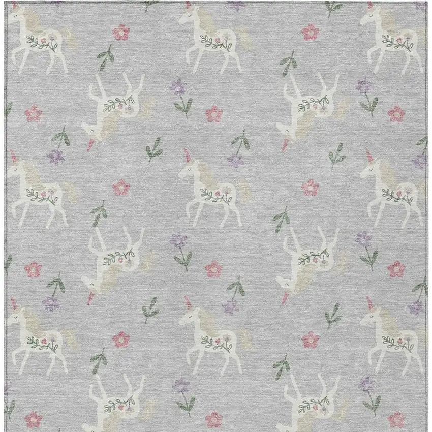 Silver And Ivory Floral Washable Indoor Outdoor Area Rug Photo 6