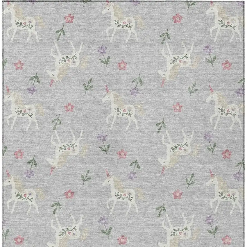Silver And Ivory Floral Washable Indoor Outdoor Area Rug Photo 4