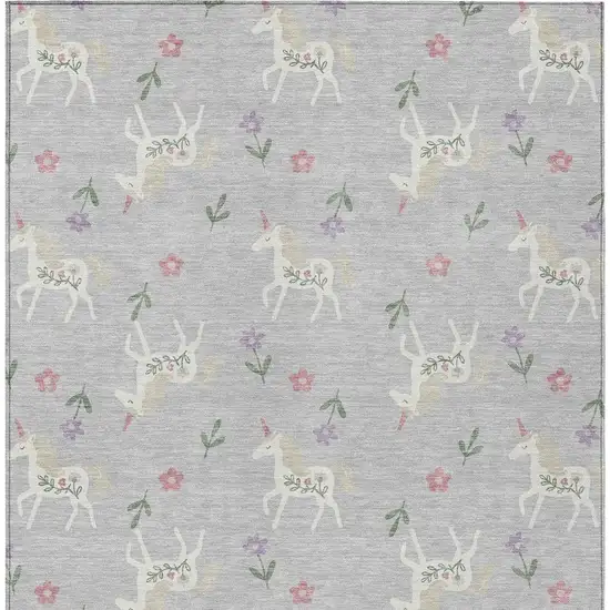 Silver And Ivory Floral Washable Indoor Outdoor Area Rug Photo 4