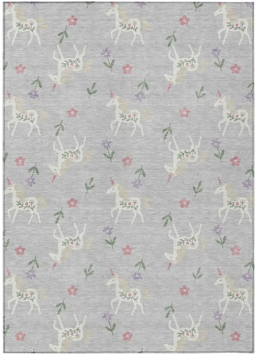Silver And Ivory Floral Washable Indoor Outdoor Area Rug Photo 2