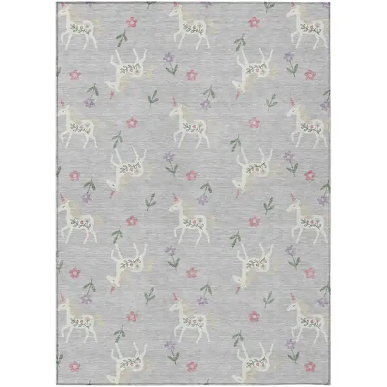 Silver And Ivory Floral Washable Indoor Outdoor Area Rug Photo 2