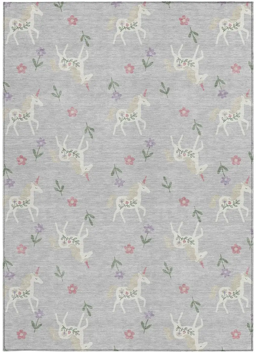 Silver And Ivory Floral Washable Indoor Outdoor Area Rug Photo 3