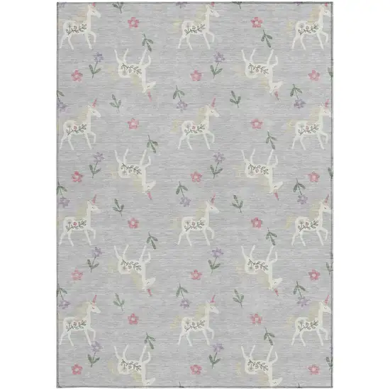 Silver And Ivory Floral Washable Indoor Outdoor Area Rug Photo 3