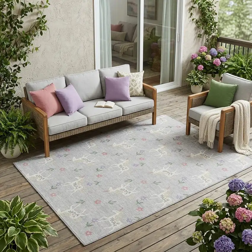 Silver And Ivory Floral Washable Indoor Outdoor Area Rug Photo 1