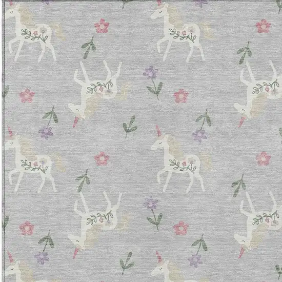 Silver And Ivory Floral Washable Indoor Outdoor Area Rug Photo 4