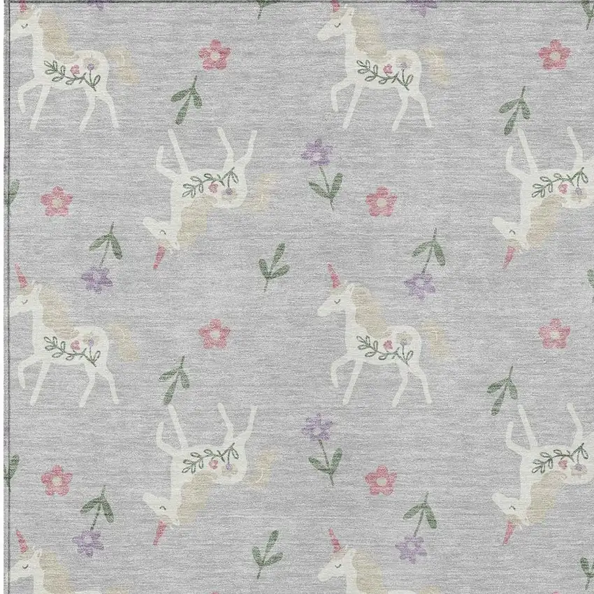 Silver And Ivory Floral Washable Indoor Outdoor Area Rug Photo 4