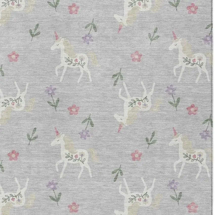 Silver And Ivory Floral Washable Indoor Outdoor Area Rug Photo 5