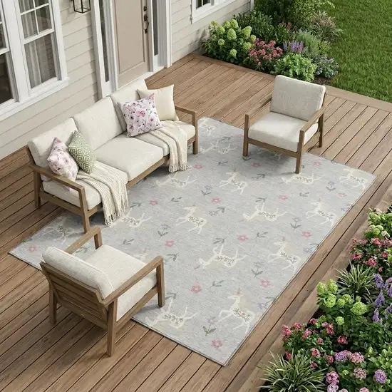 Silver And Ivory Floral Washable Indoor Outdoor Area Rug Photo 1