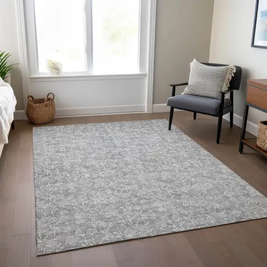 Silver And Ivory Floral Washable Indoor Outdoor Area Rug Photo 8