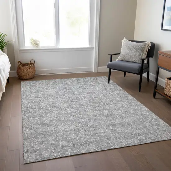 Silver And Ivory Floral Washable Indoor Outdoor Area Rug Photo 8