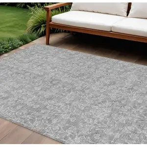 Photo of Silver And Ivory Floral Washable Indoor Outdoor Area Rug