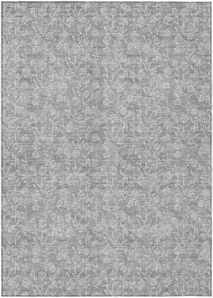 Silver And Ivory Floral Washable Indoor Outdoor Area Rug Photo 2