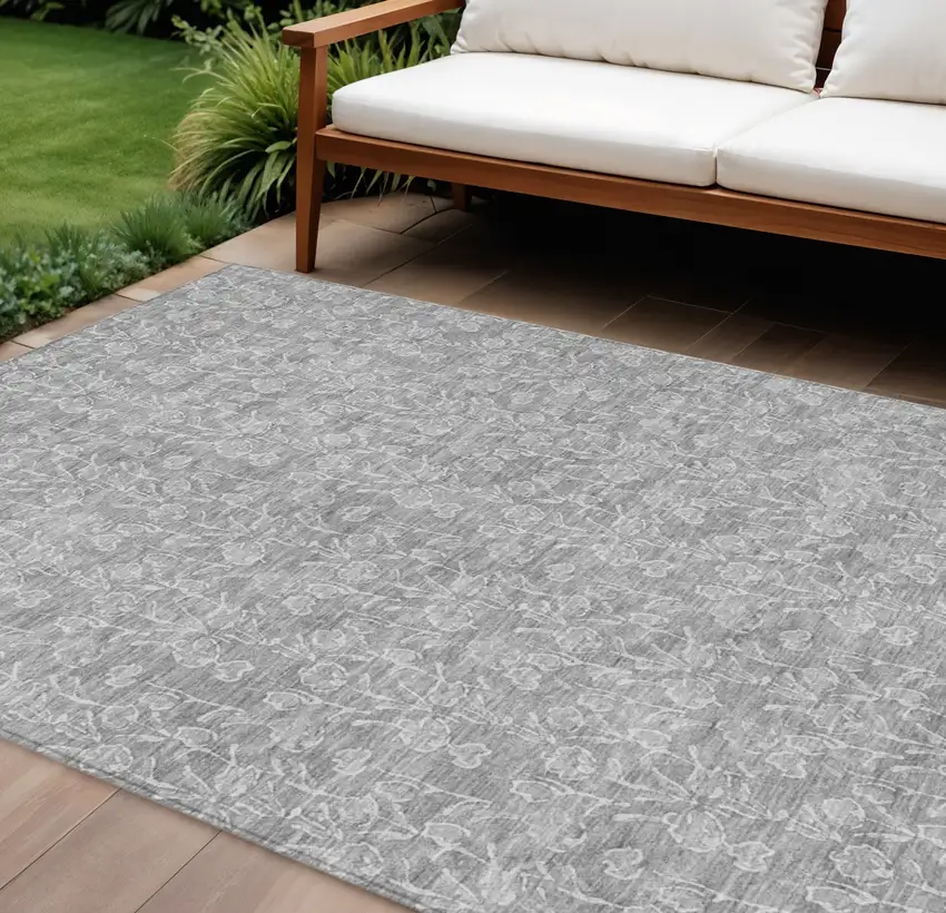 Silver And Ivory Floral Washable Indoor Outdoor Area Rug Photo 1