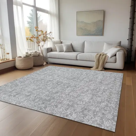 Silver And Ivory Floral Washable Indoor Outdoor Area Rug Photo 9