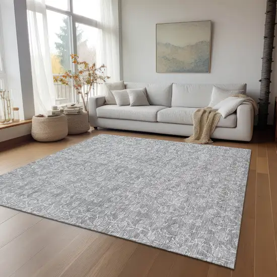 Silver And Ivory Floral Washable Indoor Outdoor Area Rug Photo 9