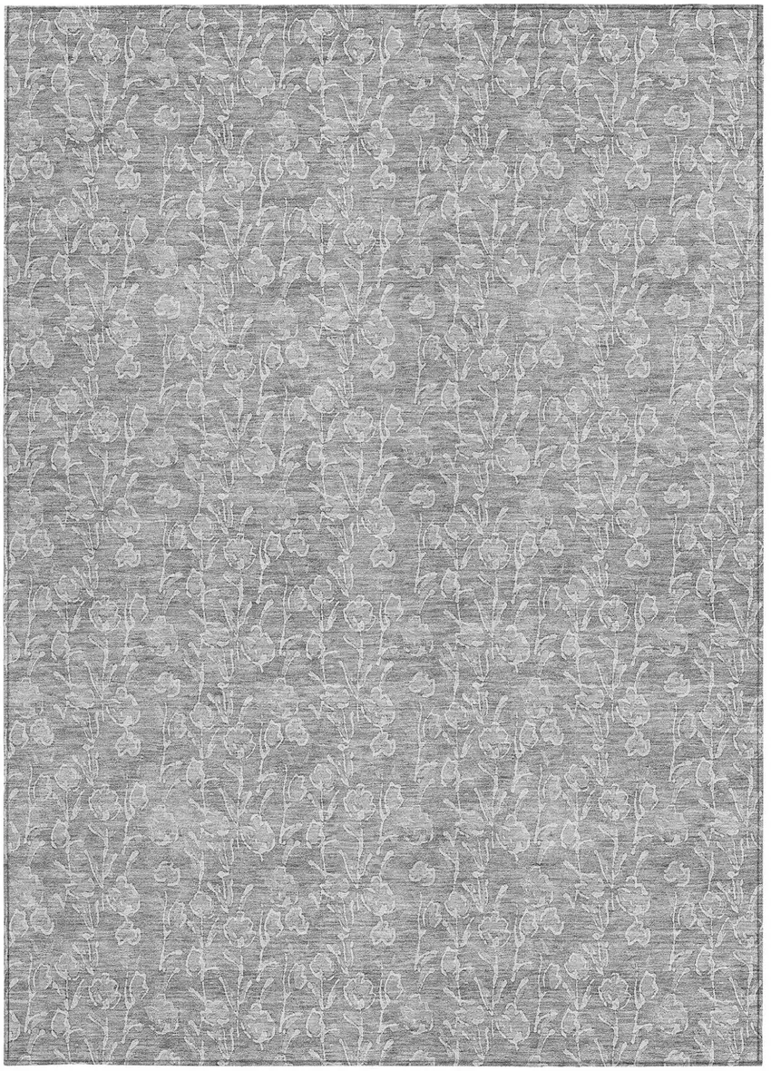 Silver And Ivory Floral Washable Indoor Outdoor Area Rug Photo 6