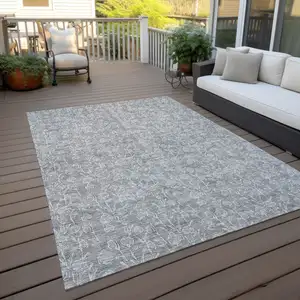 Photo of Silver And Ivory Floral Washable Indoor Outdoor Area Rug