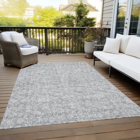 Silver And Ivory Floral Washable Indoor Outdoor Area Rug Photo 9