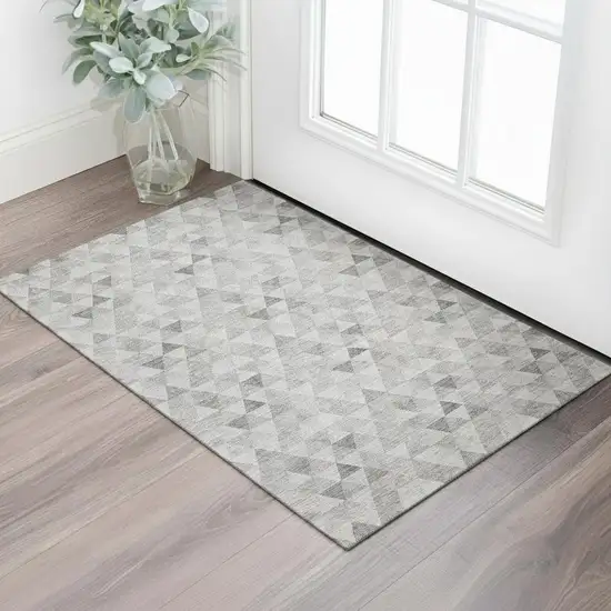 Silver And Ivory Geometric Washable Area Rug With UV Protection Photo 1