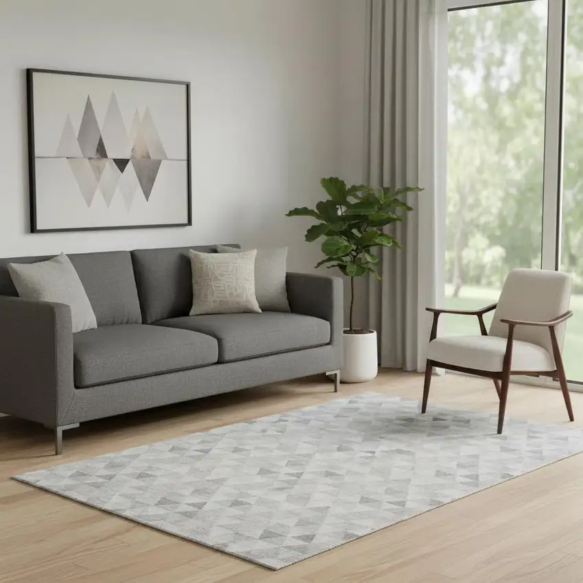 Silver And Ivory Geometric Washable Area Rug With UV Protection Photo 1