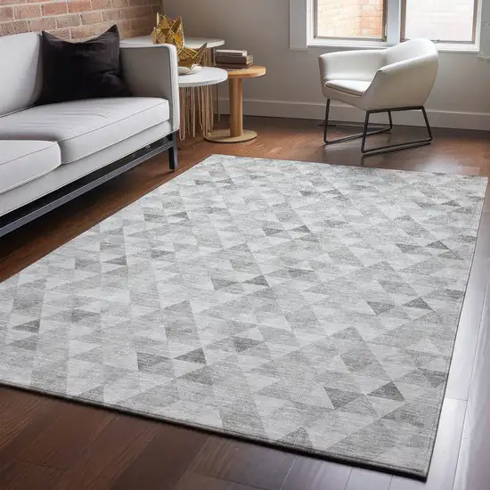 Silver And Ivory Geometric Washable Area Rug With UV Protection Photo 4