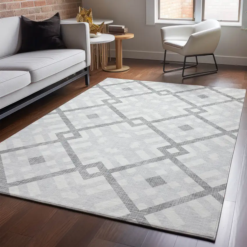 Silver And Ivory Geometric Washable Area Rug With UV Protection Photo 4